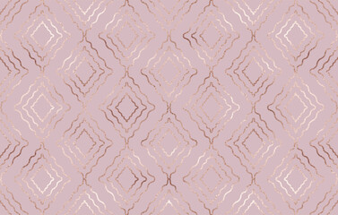 Geometric seamless pattern background design with rose gold wavy rhombuses.