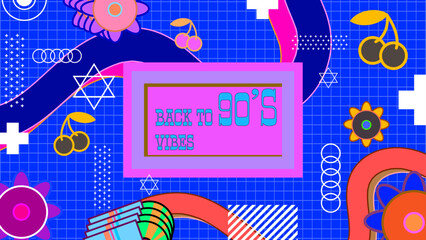 Vector 90s party cartoon background illustration with retro music 1990 and disco in old style design colorful colourful