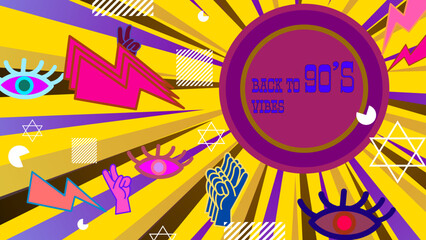 Vector 90s party cartoon background illustration with retro music 1990 and disco in old style design colorful colourful