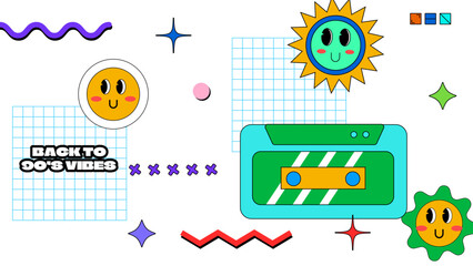 Obraz premium Vector flat style nostalgic background 90 colorful colourful