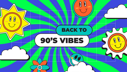 Vector 90s party cartoon background illustration with retro music 1990 and disco in old style design colorful colourful