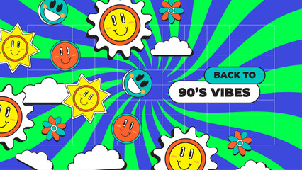 Fototapeta premium Vector 90s retro party cartoon background illustration in trendy flat style design colorful colourful