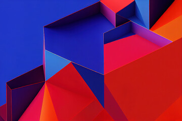 Ravishing isometric architectural design, labyrinth of red and blue geometric blocks in seamless intricate pattern like maze. Geometry and abstract art in modern dynamic background by Generative AI. - obrazy, fototapety, plakaty