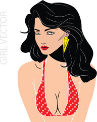 Vector illustration of pop art woman, sexy body in bikini with long legs. Poster with summer girl relaxing on deck chair with cocktail in hand. Template for advertising banner, perspective view