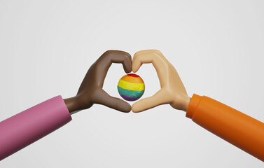 Two LGBTQ multiracial hands making heart symbol and rainbow planet.