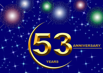 3d illustration, 53 anniversary. golden numbers on a festive background. poster or card for anniversary celebration, party