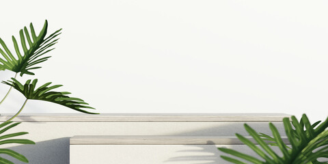 Product display podium scene with monstera leaf on white background. 3D rendering