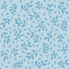 Spring twigs seamless pattern. Tiny leaves and brunches on blue background. Blue and green leaf allover print