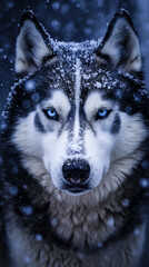Obraz premium A Husky Stares Intensly In A Winter Scene. Piercing blue eyes and gorgeous fur.