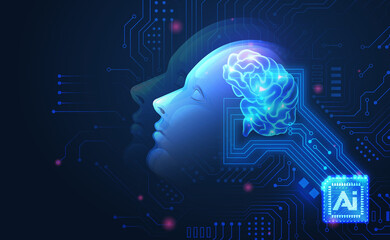 AI technology concept artificial abstract human side face and glowing brain with chip circuit board elegant blue tone background