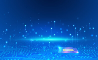 AI technology concept chipset on circuit board in futuristic style gradient blue glowing dot elegant background