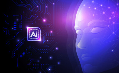 AI technology concept artificial abstract human face and chip circuit board with futuristic style elegant purple pink gradient background