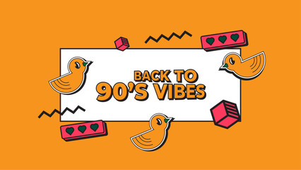 Vector 90s party cartoon background illustration with retro music 1990 and disco in old style design colorful colourful