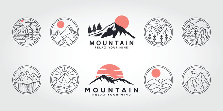 set, bundle of mountains logo line art vector illustration design, nature line art logo design.