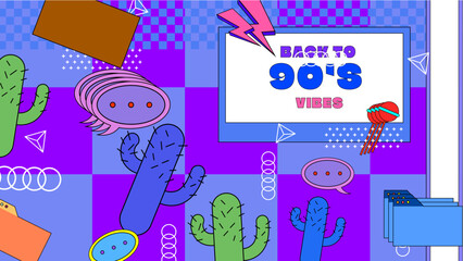 Naklejka premium Vector colorful colourful hand drawn flat nostalgic 90's social media post template