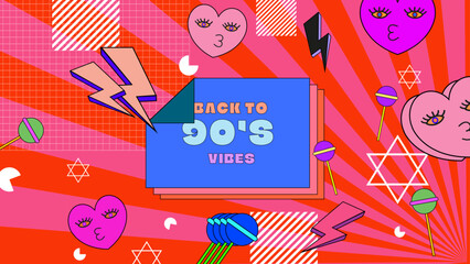 Vector 90s retro party cartoon background illustration in trendy flat style design colorful colourful