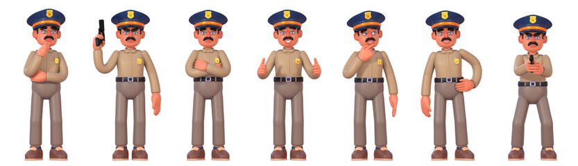 3d render of policeman in various situations, showing diverse emotions, gestures