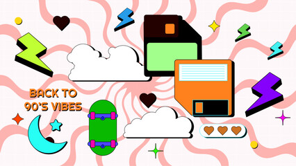 Vector 90s retro party cartoon background illustration in trendy flat style design colorful colourful