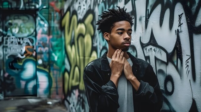 person with graffiti wall