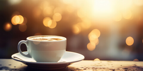 Cup of Cappuccino on a table, blurred background, golden bokeh, copy space. Autumn Coffee in cafe