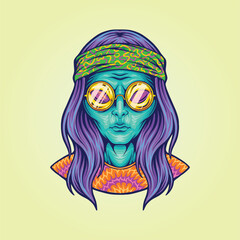 Hippie alien girl with glasses psychedelic logo vector illustrations for your work logo, merchandise t-shirt, stickers and label designs, poster, greeting cards advertising business company or brands