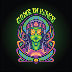 Hippies alien come in peace with art nouveau frame vector illustrations for your work logo, merchandise t-shirt, stickers and label designs, poster, greeting cards advertising business company  brand