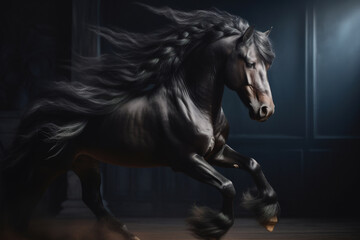 Obraz na płótnie Canvas Majestic black horse with beautiful flowing mane photorealistic dynamic portrait. generative art