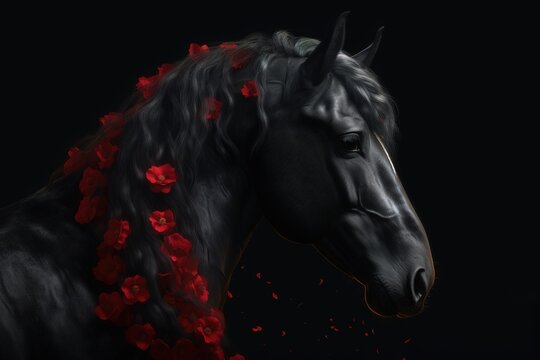 Gorgeous black horse with beautiful red flowers in the mane. Photorealistic portrait. generative art
