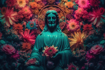 jesus christ statue with glowing halo chakra and beautiful fantasy vintage wallpaper , generative AI