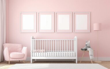 Pink nursery room with four blank frames mockup on the wall and with a white crib created with Generative AI technology