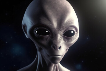 Alien or extraterrestrial, sci-fi, horror concept. Gray alien portrait with big heads and dark big eyes in space background. Generative AI