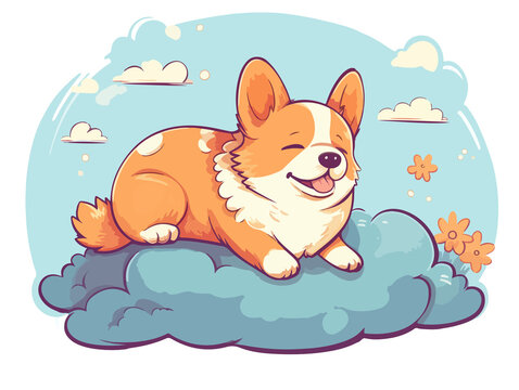corgi dog smile sleep pet on cloud pastel cute doodle sky angel cartoon generative AI