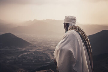 Back View of a Moslem Middle Aged Man Wearing Hajj Clothes on Peak of Hill Mountain