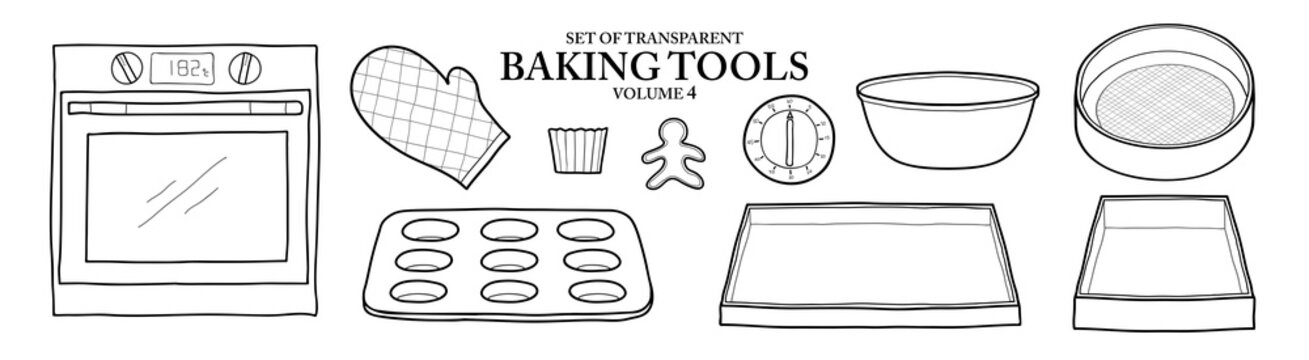 Cute hand drawn isolated black outline cooking tools on transparent background png file (Volume 4)