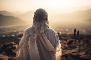 Back View of a Moslem Woman Wearing Arabian Hajj Clothes on Peak of Hill Mountain
