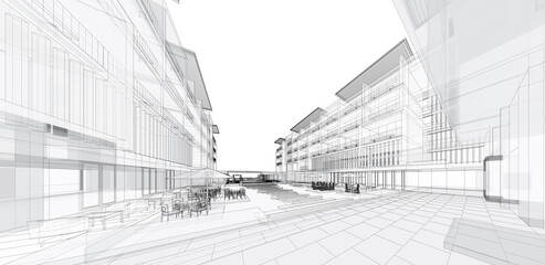 Architecture background. Perspective 3d Wireframe of building design and model my own