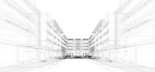 Fototapeta premium Architecture background. Perspective 3d Wireframe of building design and model my own