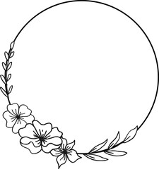 Circle Floral border with hand drawn flowers and leaves