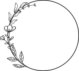 Circle Floral border with hand drawn flowers and leaves