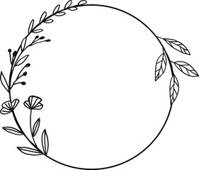 Circle Floral border with hand drawn flowers and leaves