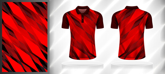 Vector sport pattern design template for Polo T-shirt front and back with short sleeve view mockup. Shades of red-black color gradient abstract geometric square texture background illustration. © WK Dannait B
