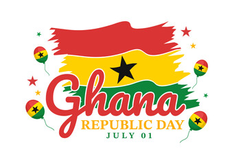 Fototapeta na wymiar Happy Ghana Republic Day Vector Illustration with Waving Flag Background in Flat Cartoon Hand Drawn for Web Banner or Landing Page Templates