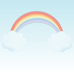 Rainbow and clouds. Cute pastel cartoon of weather symbol. 3D vector illustration isolated on blue background.