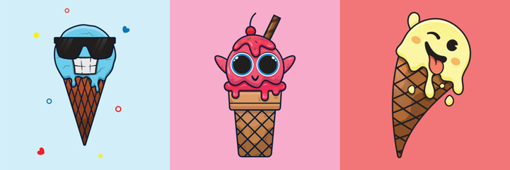 Cool, happy, and wink ice cream emotes with vanilla, mint chip, and strawberry flavor.