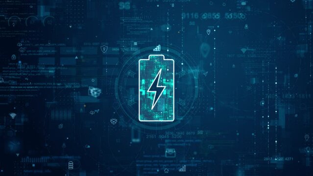 Motion graphic of Blue digital battery logo and futuristic circle HUD with big data processed on grid line background and technology ai icon screen abstract background power reserve concepts