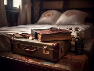A suitcase and travel guide book sitting on a bed