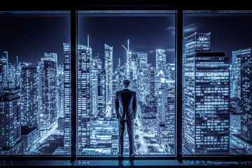 A commercial elite standing at the glass office of the skyscraper looked at the city night view outside the window