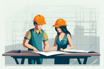 Architect and engineer working on construction site. Engineering, building, engineering, architecture, teamwork concept. Vector illustration in cartoon style