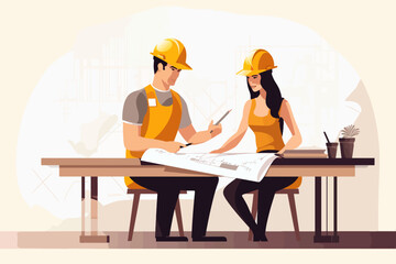 Architect and engineer working on construction site. Engineering, building, engineering, architecture, teamwork concept. Vector illustration in cartoon style
