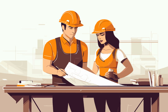 Architect and engineer working on construction site. Engineering, building, engineering, architecture, teamwork concept. Vector illustration in cartoon style